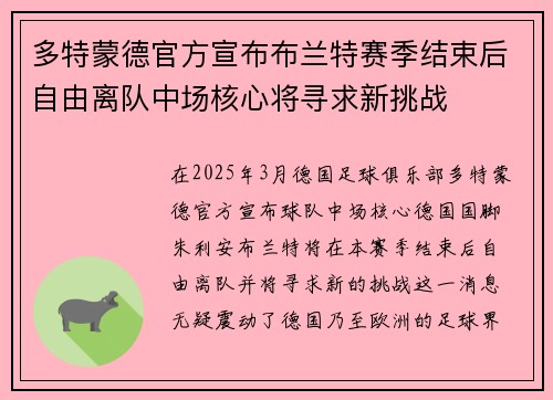 多特蒙德官方宣布布兰特赛季结束后自由离队中场核心将寻求新挑战 多特蒙德官方宣布布兰特赛季结束后自由离队中场核心将寻求新挑战