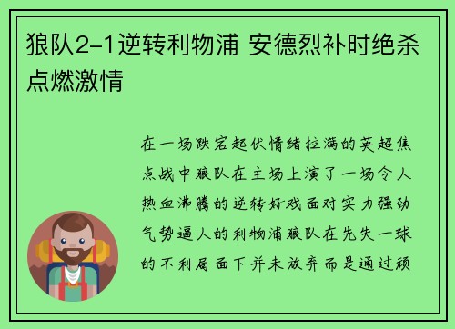 狼队2-1逆转利物浦 安德烈补时绝杀点燃激情